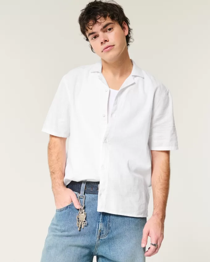 Boxy Short-Sleeve Linen-Blend Shirt,Boxy Short-Sleeve Linen-Blend Shirt Boxy Short-Sleeve Linen-Blend Shirt,Boxy Short-Sleeve Linen-Blend Shirt