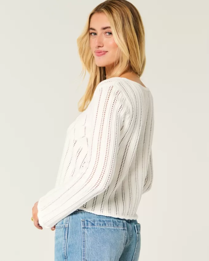 Crochet-Style Tie-Front Textured Sweater,Crochet-Style Tie-Front Textured Sweater Crochet-Style Tie-Front Textured Sweater,Crochet-Style Tie-Front Textured Sweater