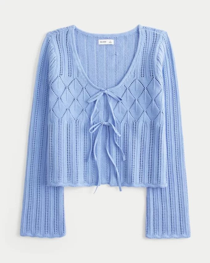Crochet-Style Tie-Front Textured Sweater,Crochet-Style Tie-Front Textured Sweater Crochet-Style Tie-Front Textured Sweater,Crochet-Style Tie-Front Textured Sweater