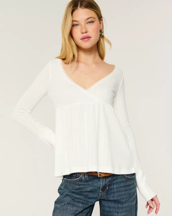 Easy Long-Sleeve Pointelle Babydoll Top,Easy Long-Sleeve Pointelle Babydoll Top Easy Long-Sleeve Pointelle Babydoll Top,Easy Long-Sleeve Pointelle Babydoll Top