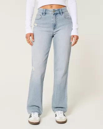 High-Rise Distressed Light Wash Straight Jeans,High-Rise Distressed Light Wash Straight Jeans