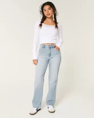High-Rise Distressed Light Wash Straight Jeans,High-Rise Distressed Light Wash Straight Jeans