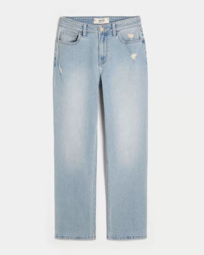 High-Rise Distressed Light Wash Straight Jeans,High-Rise Distressed Light Wash Straight Jeans