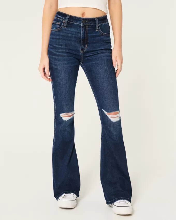 High-Rise Ripped Dark Wash Flare Jeans,High-Rise Ripped Dark Wash Flare Jeans