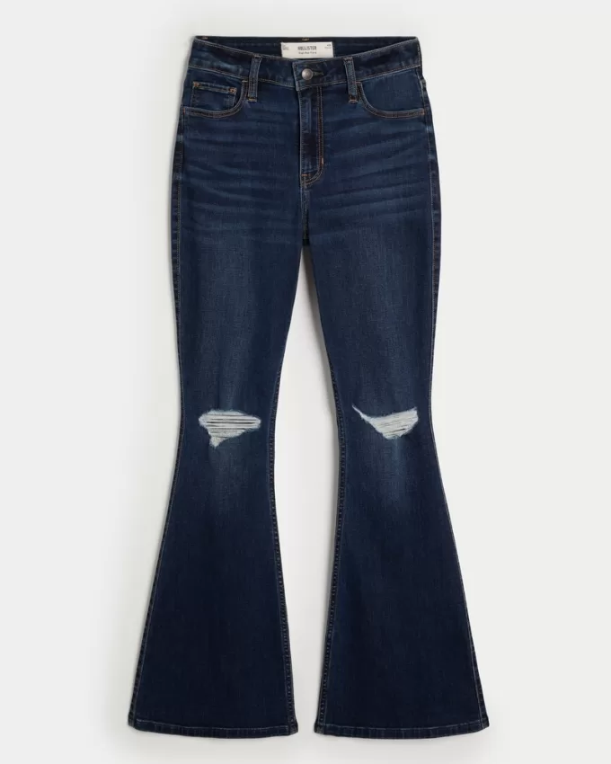 High-Rise Ripped Dark Wash Flare Jeans,High-Rise Ripped Dark Wash Flare Jeans