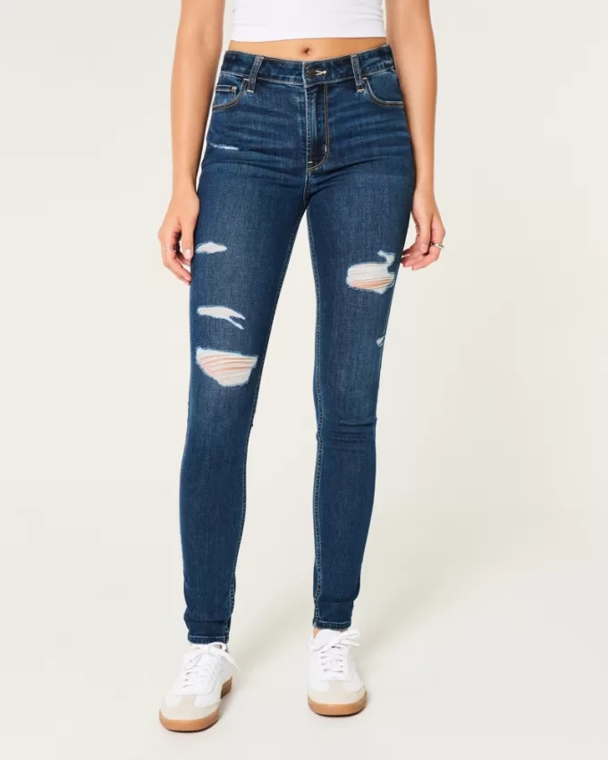 High-Rise Ripped Dark Wash Super Skinny Jeans,High-Rise Ripped Dark Wash Super Skinny Jeans