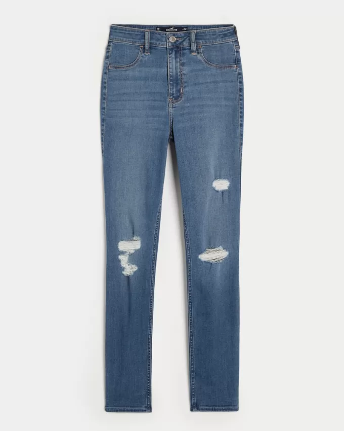 High-Rise Ripped Medium Wash Jean Leggings,High-Rise Ripped Medium Wash Jean Leggings