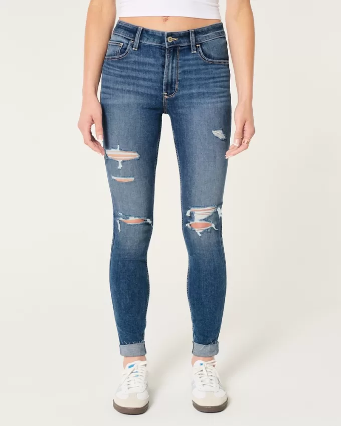High-Rise Ripped Medium Wash Super Skinny Jeans,High-Rise Ripped Medium Wash Super Skinny Jeans