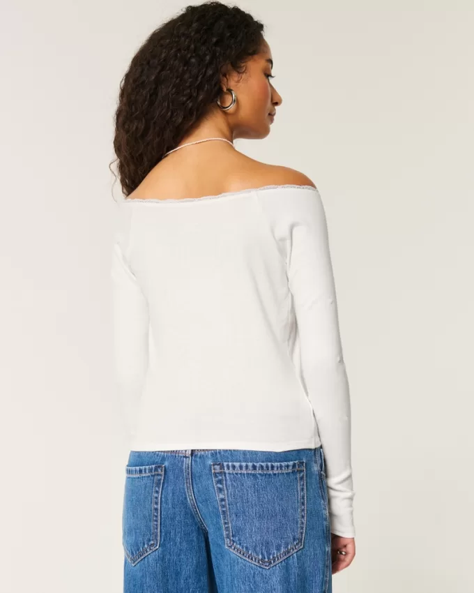 Lace Trim Off-the-Shoulder Montauk Graphic Tee,Lace Trim Off-the-Shoulder Montauk Graphic Tee Lace Trim Off-the-Shoulder Montauk Graphic Tee,Lace Trim Off-the-Shoulder Montauk Graphic Tee