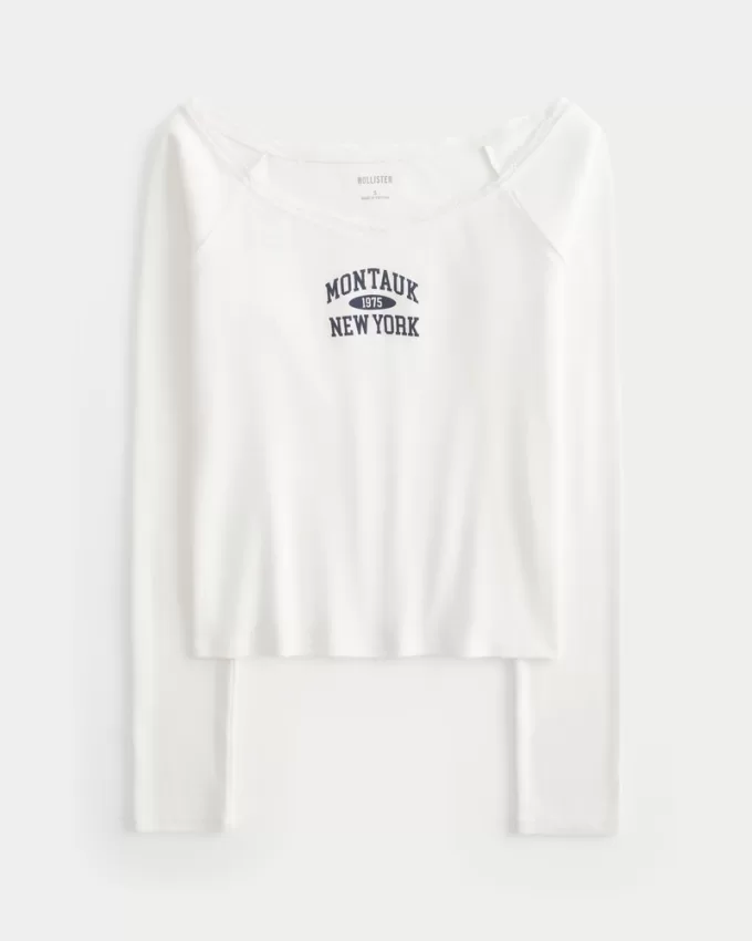 Lace Trim Off-the-Shoulder Montauk Graphic Tee,Lace Trim Off-the-Shoulder Montauk Graphic Tee Lace Trim Off-the-Shoulder Montauk Graphic Tee,Lace Trim Off-the-Shoulder Montauk Graphic Tee