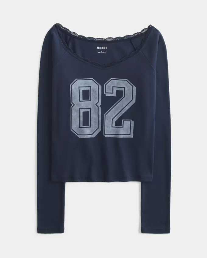 Lace Trim Off-the-Shoulder Number Graphic Tee,Lace Trim Off-the-Shoulder Number Graphic Tee Lace Trim Off-the-Shoulder Number Graphic Tee,Lace Trim Off-the-Shoulder Number Graphic Tee