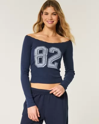 Lace Trim Off-the-Shoulder Number Graphic Tee,Lace Trim Off-the-Shoulder Number Graphic Tee Lace Trim Off-the-Shoulder Number Graphic Tee,Lace Trim Off-the-Shoulder Number Graphic Tee