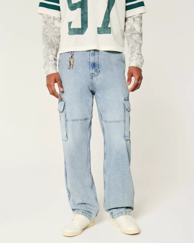 Light Wash Baggy Cargo Jeans,Light Wash Baggy Cargo Jeans
