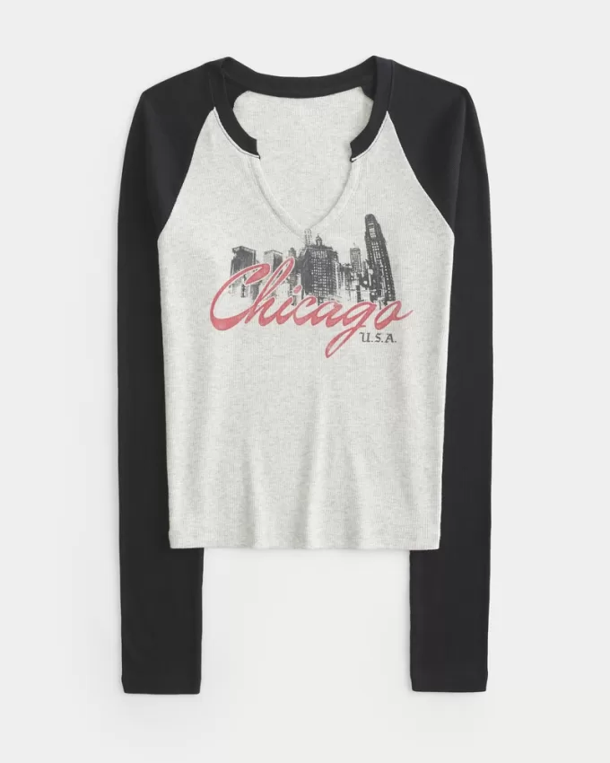 Long-Sleeve Chicago Graphic Notch-Neck Baby Tee,Long-Sleeve Chicago Graphic Notch-Neck Baby Tee Long-Sleeve Chicago Graphic Notch-Neck Baby Tee,Long-Sleeve Chicago Graphic Notch-Neck Baby Tee