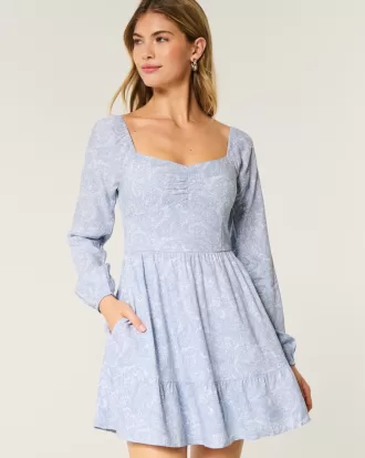 Long-Sleeve Cinch Bust Mini Dress,Long-Sleeve Cinch Bust Mini Dress