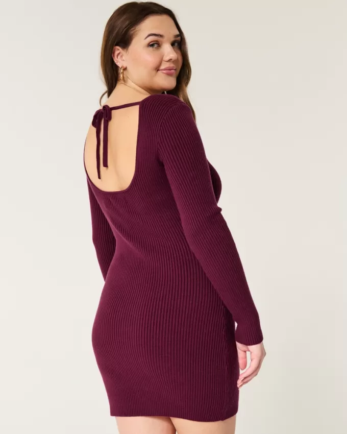Long-Sleeve Cinch Bust Open-Back Sweater Dress,Long-Sleeve Cinch Bust Open-Back Sweater Dress Long-Sleeve Cinch Bust Open-Back Sweater Dress,Long-Sleeve Cinch Bust Open-Back Sweater Dress