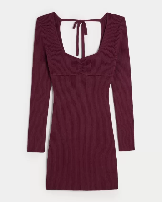 Long-Sleeve Cinch Bust Open-Back Sweater Dress,Long-Sleeve Cinch Bust Open-Back Sweater Dress Long-Sleeve Cinch Bust Open-Back Sweater Dress,Long-Sleeve Cinch Bust Open-Back Sweater Dress