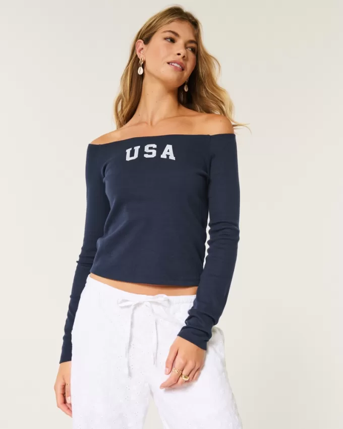 Long-Sleeve Off-the-Shoulder USA Graphic Baby Tee,Long-Sleeve Off-the-Shoulder USA Graphic Baby Tee Long-Sleeve Off-the-Shoulder USA Graphic Baby Tee,Long-Sleeve Off-the-Shoulder USA Graphic Baby Tee