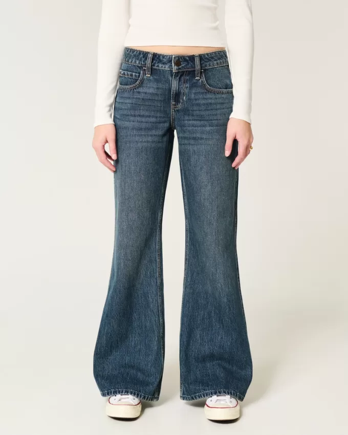Low-Rise Dark Wash Baggy Flare Jeans,Low-Rise Dark Wash Baggy Flare Jeans