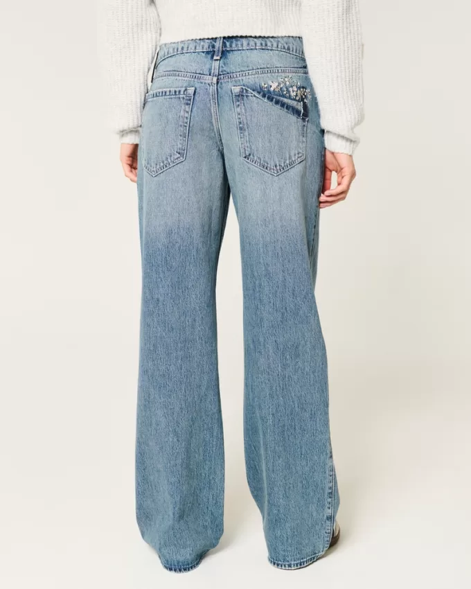 Low-Rise Floral Embroidered Medium Wash Baggy Jeans,Low-Rise Floral Embroidered Medium Wash Baggy Jeans Low-Rise Floral Embroidered Medium Wash Baggy Jeans,Low-Rise Floral Embroidered Medium Wash Baggy Jeans