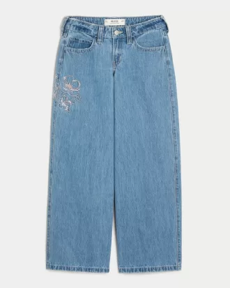 Low-Rise Floral Embroidered Medium Wash Super Baggy Jeans,Low-Rise Floral Embroidered Medium Wash Super Baggy Jeans
