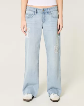 Low-Rise Light Wash Patchwork Baggy Jeans,Low-Rise Light Wash Patchwork Baggy Jeans