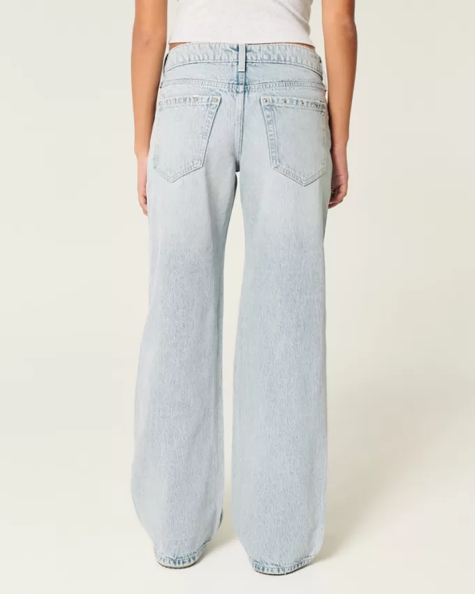 Low-Rise Light Wash Studded Baggy Jeans,Low-Rise Light Wash Studded Baggy Jeans