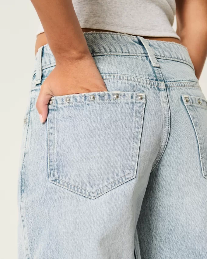 Low-Rise Light Wash Studded Baggy Jeans,Low-Rise Light Wash Studded Baggy Jeans