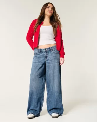 Low-Rise Medium Wash Cherry Embroidered Super Baggy Jeans,Low-Rise Medium Wash Cherry Embroidered Super Baggy Jeans