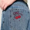 Low-Rise Medium Wash Cherry Embroidered Super Baggy Jeans,Low-Rise Medium Wash Cherry Embroidered Super Baggy Jeans