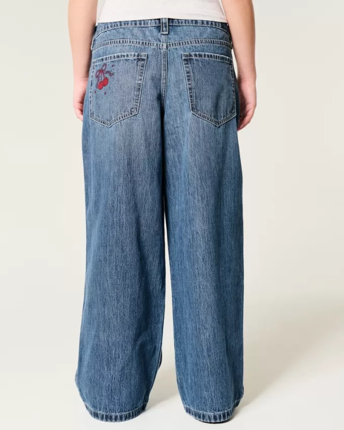 Low-Rise Medium Wash Cherry Embroidered Super Baggy Jeans,Low-Rise Medium Wash Cherry Embroidered Super Baggy Jeans