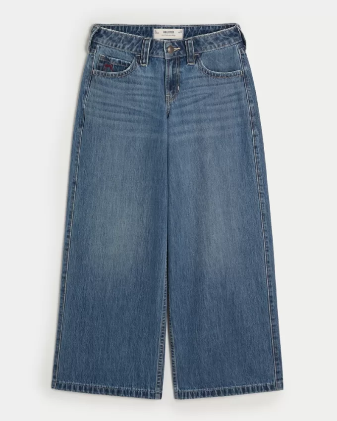 Low-Rise Medium Wash Cherry Embroidered Super Baggy Jeans,Low-Rise Medium Wash Cherry Embroidered Super Baggy Jeans