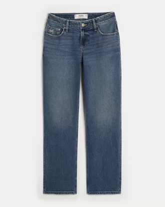 Low-Rise Medium Wash Embroidered Bow Straight Jeans,Low-Rise Medium Wash Embroidered Bow Straight Jeans