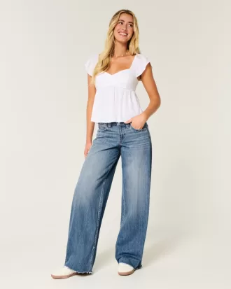 Low-Rise Medium Wash Floral Embroidery Super Baggy Jeans,Low-Rise Medium Wash Floral Embroidery Super Baggy Jeans