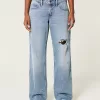 Low-Rise Medium Wash Floral Ripped Baggy Jeans,Low-Rise Medium Wash Floral Ripped Baggy Jeans