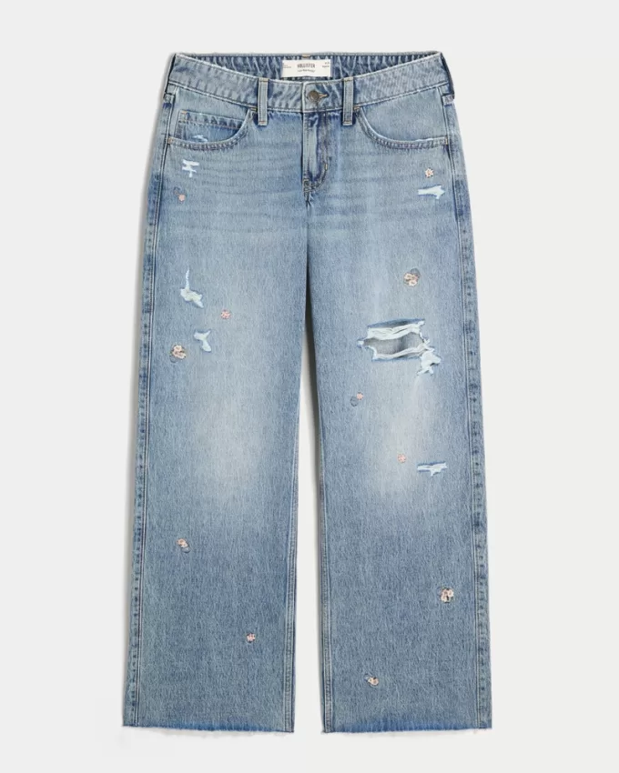Low-Rise Medium Wash Floral Ripped Baggy Jeans,Low-Rise Medium Wash Floral Ripped Baggy Jeans