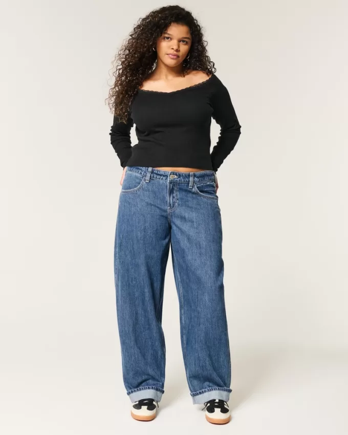 Low-Rise Medium Wash Tapered Baggy Jeans,Low-Rise Medium Wash Tapered Baggy Jeans