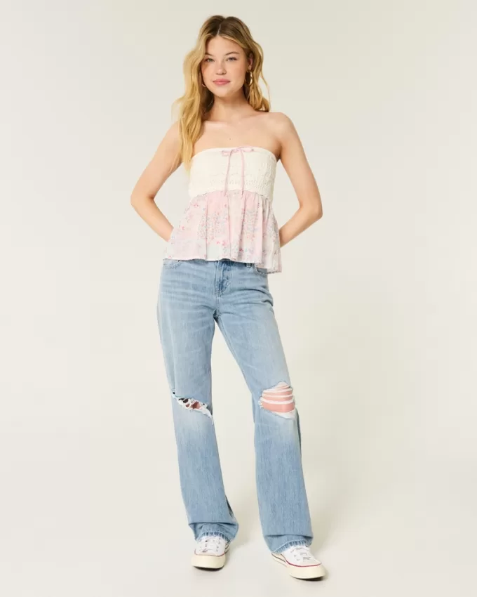 Low-Rise Ripped Light Wash Loose Jeans,Low-Rise Ripped Light Wash Loose Jeans