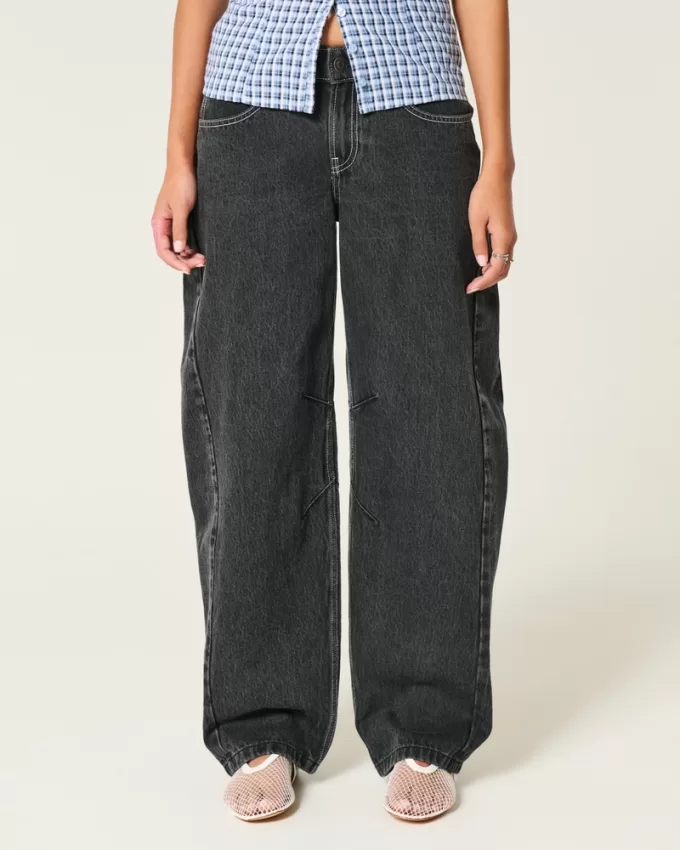 Low-Rise Washed Black Barrel Jeans,Low-Rise Washed Black Barrel Jeans