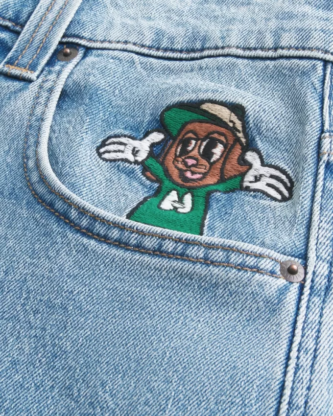 Medium Wash Embroidered Graphic Baggy Skater Jeans,Medium Wash Embroidered Graphic Baggy Skater Jeans