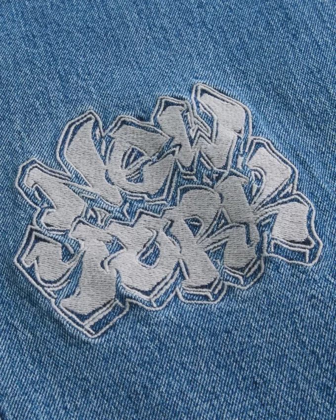 Medium Wash NYC Graphic Super Baggy Jeans,Medium Wash NYC Graphic Super Baggy Jeans