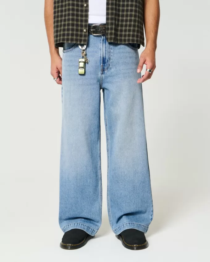 Medium Wash Wolf Graphic Super Baggy Jeans,Medium Wash Wolf Graphic Super Baggy Jeans