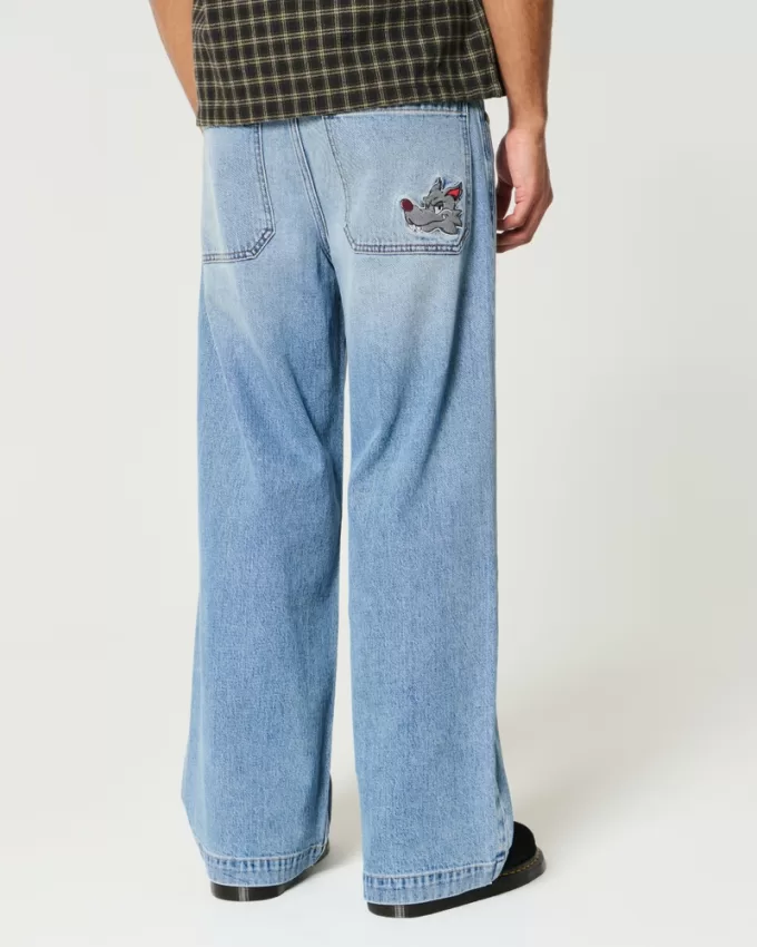 Medium Wash Wolf Graphic Super Baggy Jeans,Medium Wash Wolf Graphic Super Baggy Jeans