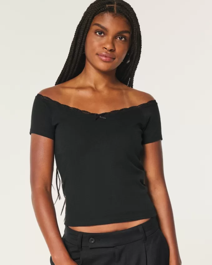 Off-the-Shoulder Lace Trim Top,Off-the-Shoulder Lace Trim Top Off-the-Shoulder Lace Trim Top,Off-the-Shoulder Lace Trim Top