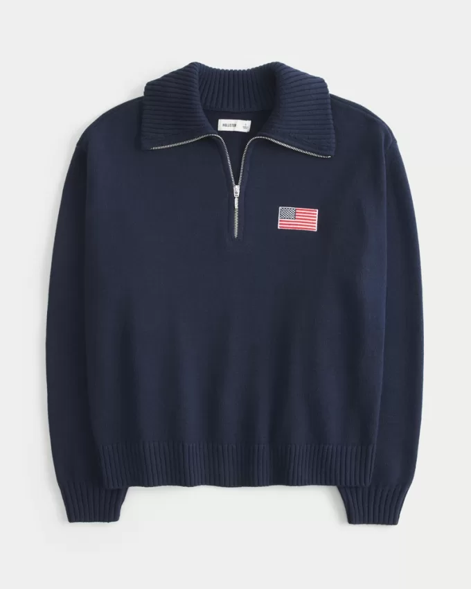 Oversized Half-Zip American Flag Graphic Sweater,Oversized Half-Zip American Flag Graphic Sweater Oversized Half-Zip American Flag Graphic Sweater,Oversized Half-Zip American Flag Graphic Sweater
