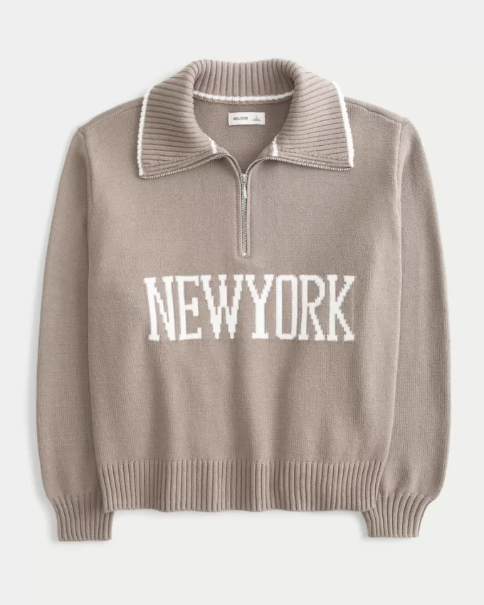 Oversized New York Graphic Half-Zip Sweater,Oversized New York Graphic Half-Zip Sweater Oversized New York Graphic Half-Zip Sweater,Oversized New York Graphic Half-Zip Sweater