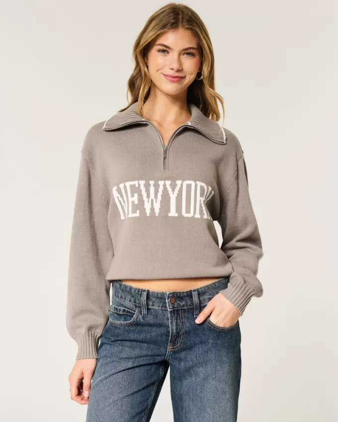 Oversized New York Graphic Half-Zip Sweater,Oversized New York Graphic Half-Zip Sweater Oversized New York Graphic Half-Zip Sweater,Oversized New York Graphic Half-Zip Sweater