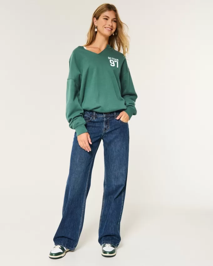 Oversized Notch-Neck Go Team Graphic Sweatshirt,Oversized Notch-Neck Go Team Graphic Sweatshirt
