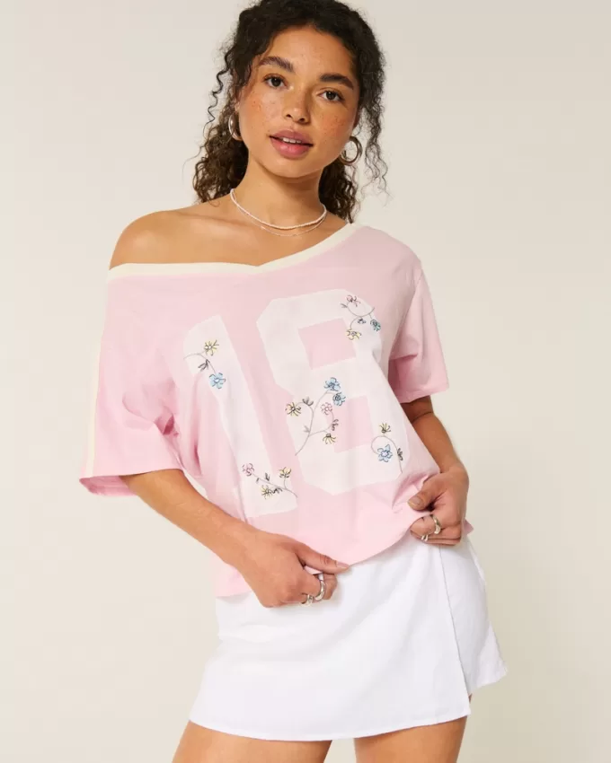 Oversized Off-the-Shoulder Varsity Floral Graphic Tee,Oversized Off-the-Shoulder Varsity Floral Graphic Tee Oversized Off-the-Shoulder Varsity Floral Graphic Tee,Oversized Off-the-Shoulder Varsity Floral Graphic Tee