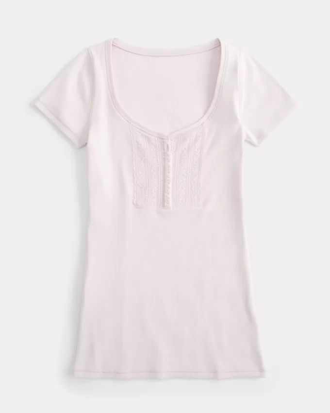 Ribbed Lace Placket Scoop Henley,Ribbed Lace Placket Scoop Henley Ribbed Lace Placket Scoop Henley,Ribbed Lace Placket Scoop Henley